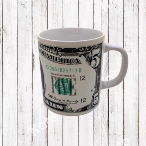 Vintage Five Dollar Bill Mug Ceramic Currency Coffee Cup Collectible Novelty - Picture 2 of 9